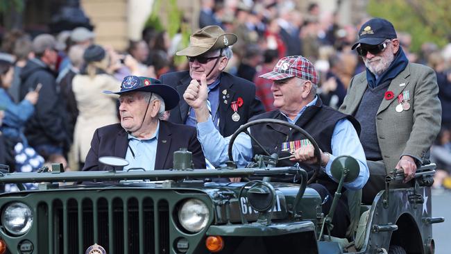 Veterans and members of the Kingston Probus branch (clockwise from left) Cliff Auton, Tony Burgess, Geoff O'Meara and Roelf de Vries (driving) at the Anzac Day march and service in Hobart. Picture: LUKE BOWDEN