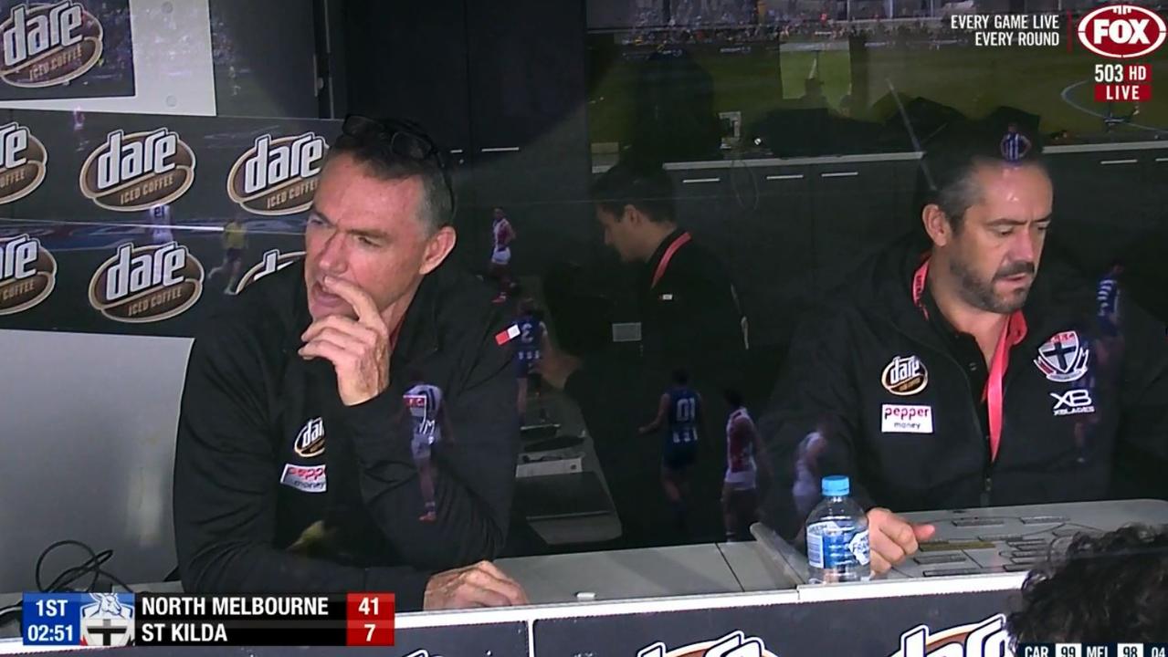 Alan Richardson (left) and Simon Lethlean (right) in the box at Blundstone Arena.