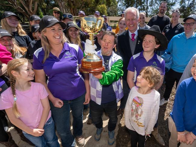 2023 Lexus Melbourne Cup Tour in Ballarat. Stevie Payne wearing the silks of Prince of Penzance, that he strapped to win the 2015 Melbourne Cup, at the Ajay Equestrian Centre in Invermay. Picture: Jay Town/VRC