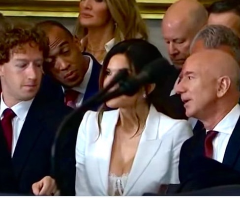 Mark Zuckerberg appears to stare at Lauren Sanchez’s chest during the swearing-in ceremony. Picture: Supplied