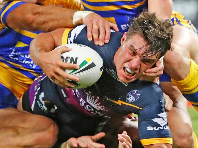 Brodie Croft scores a try against Leeds Rhinos.