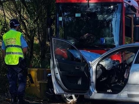 A collision between a garbage truck and a hatchback on Mona Vale Rd, Ingleside, on October 9, 2023. Picture:  Ingleside Rural Fire Service