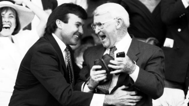 David Hayes and father Colin Hayes, winners of the 1990 Cox Plate at Moonee Valley. Picture: Bruce Magilton.