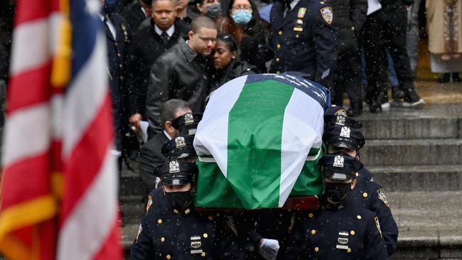 New York Police Officers carry the coffin of Jason Rivera outside St. Patrick's Cathedral in New York. Picture: AFP