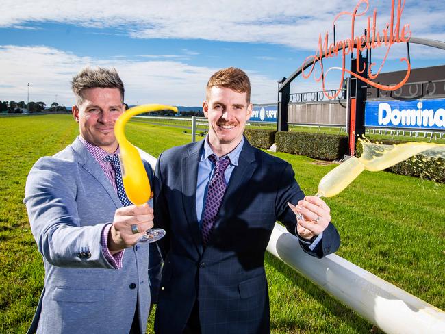 Chris and Ben Thomas are giving up the booze this month to raise funds for blood cancer support after their Dad SA racing identity David Thomas, died suddenly aged 64 of acute myeloid leukaemia in May 2021.  Pictured on July 6th, 2021, at Morphettville race course.Picture: Tom Huntley