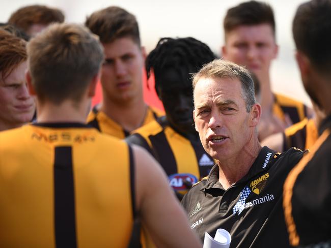 Alastair Clarkson of the Hawks speaks to his players during a game against St Kilda in 2020. Picture: Matt Roberts/AFL Photos/via Getty Images.