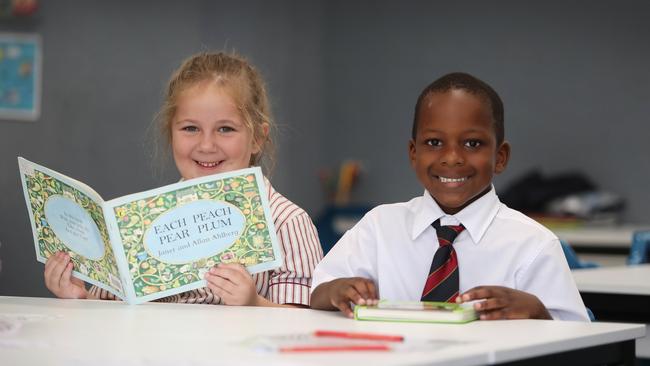 Kindy students Harper and Ethan at Lakes Grammar. Picture: Sue Graham