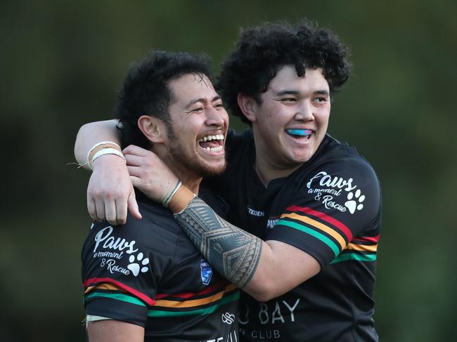 Michael Cheer and Tyler Tuigamala celebrate try in Berkley Vale Panthers v Wyong Roos first grade  in round 3 at Ted Doyle Oval, 27th April 2024 pic Sue Graham