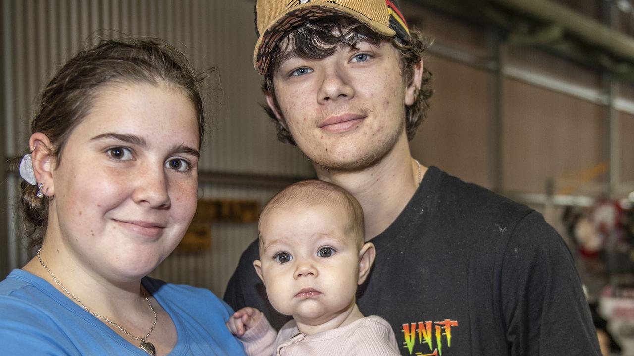 Phoebe Kennedy, Isla Moffit (6 months) and Harrison Moffit. Mums &amp; Bubs Expo at the Makers Market Toowoomba. Sunday, May 15, 2022. Picture: Nev Madsen.