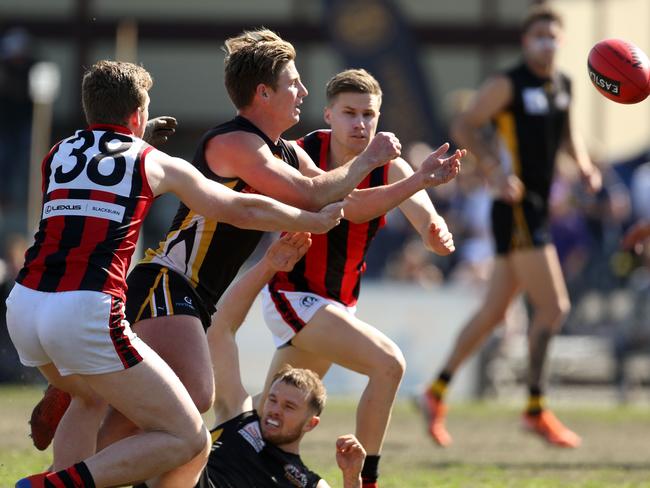 September 14, 2019EFL (Premier Div) Prelim: Balwyn v BlackburnCharlie Haley for Balwyn handballs the ball.Picture: Stuart Milligan