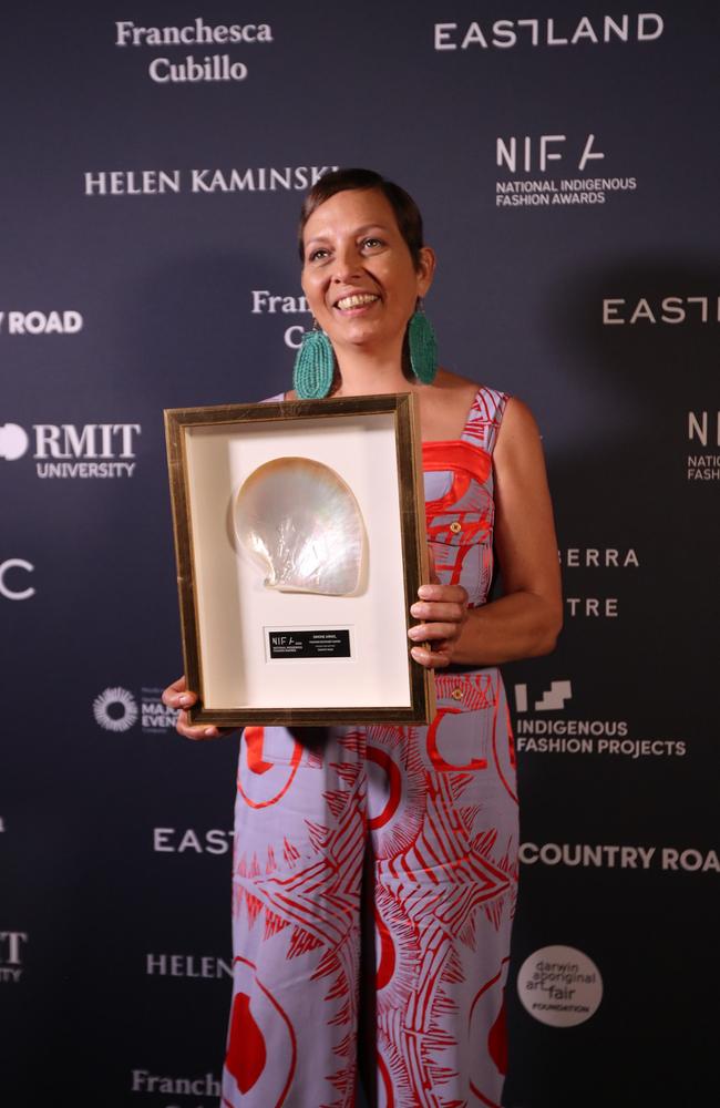 Gunggandji Yarrabah artist Simone Arnol won the Fashion Designer Award at the 2024 National Indigenous Fashion Awards on Larrakia Country, Darwin. Picture: Zizi Averill