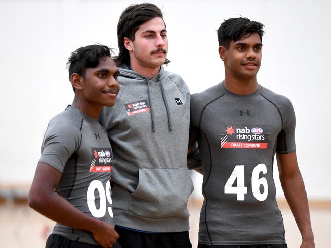 Pheonix Spicer, Lachlan Jones, Tariek Newchurch. SA players going through their paces at the AFL Draft Combine at Immanuel College gymnasium on the 30th September, 2020. Picture: Tricia Watkinson