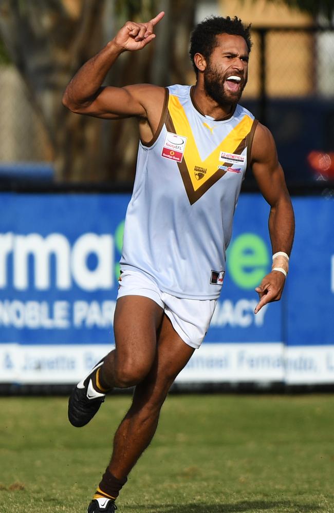 Matt Little of Rowville celebrates one of his three goals.