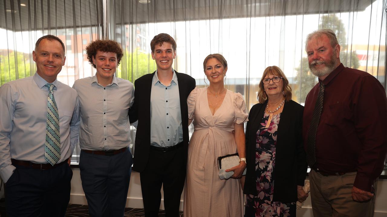 <p>Geelong Baptist College Year 12 student William Boyes, centre, with dad John, brother Flynn, mum Peta and grandparents Cheryl and Shane McManus. Picture: Alison Wynd</p>