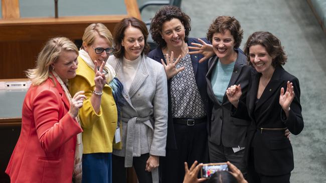 New MPs Kylea Tink, Zoe Daniel, Sophie Scamps, Monique Ryan, Kate Chaney and Allegra Spender at their Parliament House induction in Canberra. Picture: NCA NewsWire / Martin Ollman