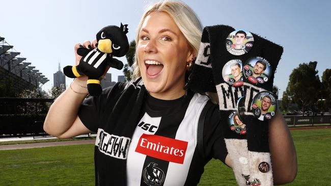 Mad Collingwood supporter Brooke Warne ahead of Saturday’s Grand Final against Brisbane at the MCG. Picture: Michael Klein