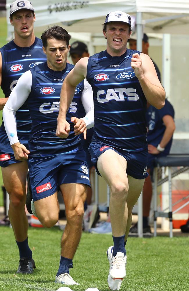 Max Holmes strides it out at Geelong Cats training. Picture: Alison Wynd