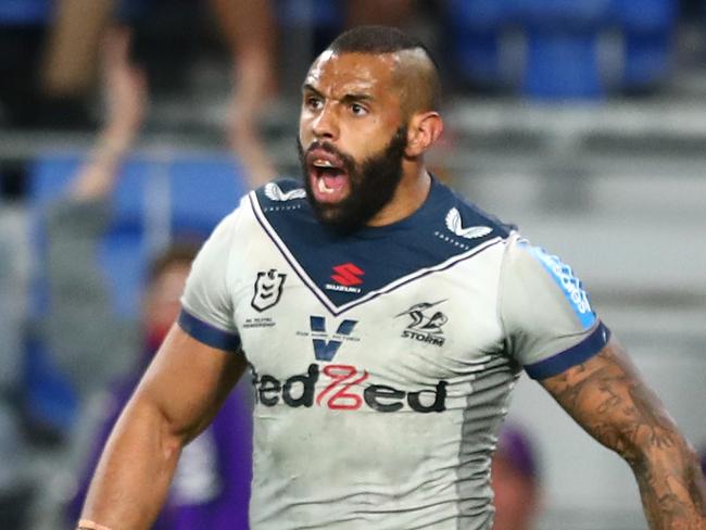 GOLD COAST, AUSTRALIA - AUGUST 19: Josh Addo-Carr of the Storm celebrates scoring a try during the round 23 NRL match between the Gold Coast Titans and the Melbourne Storm at Cbus Super Stadium, on August 19, 2021, in Gold Coast, Australia. (Photo by Chris Hyde/Getty Images)