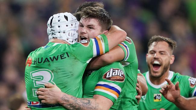 John Bateman celebrates his matchwinning try for the Raiders. Picture: AAP