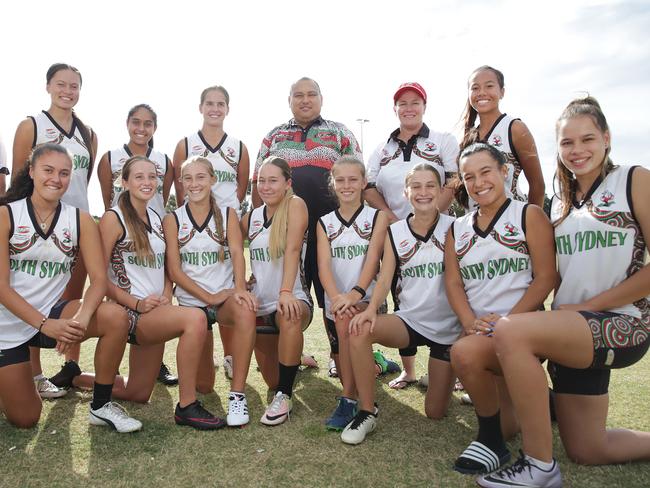 Coaches Pene Te Hira, Rolly McKay and Amanda Salas with the South Sydney OzTag U/16 girls who won the State Championship for the 5th year in a row.