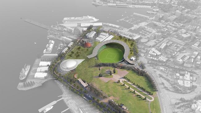 Artist renders of a bold new plan for Hobart’s largely derelict waterfront area, Macquarie Point — proposing to construct a 27,000-seat stadium for AFL, cricket, other sports and rock concerts.