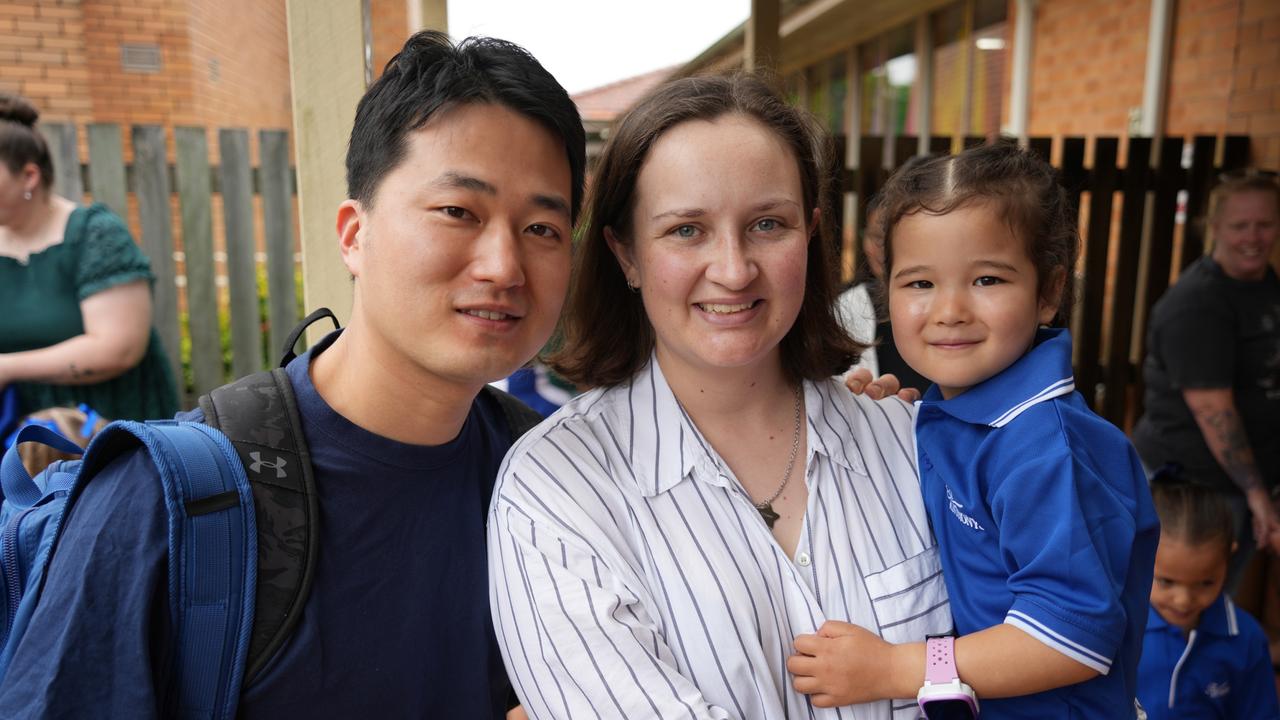 2023 prep students' first day at St Anthony's Primary School, Toowoomba. Florence Park with father Byungtae and mother Carmen.