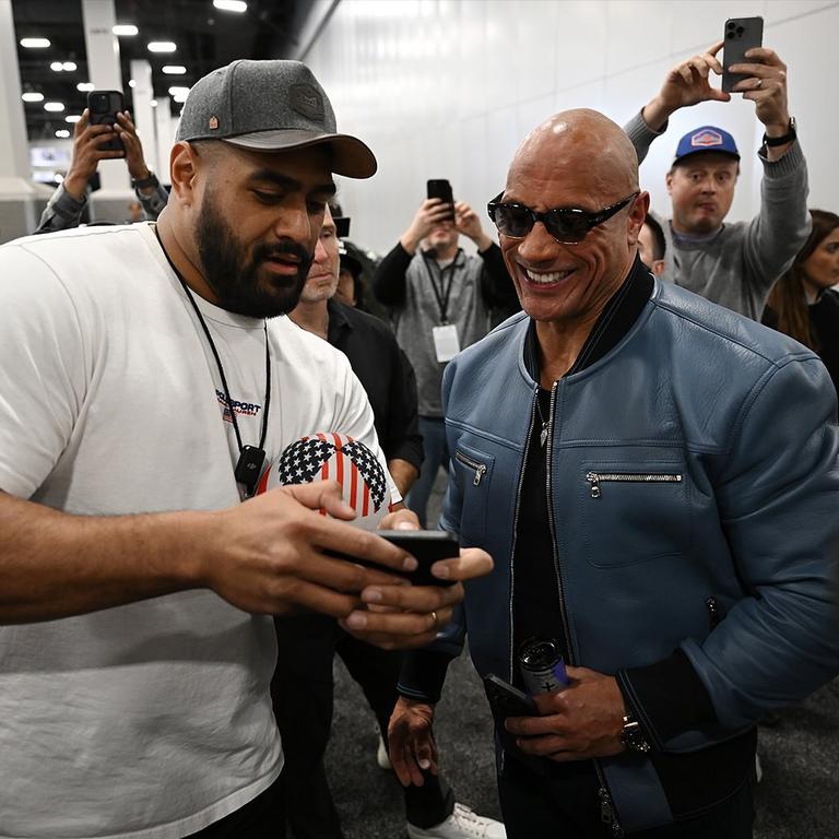 Jordan Mailata hangs out with The Rock to talk all things footy and road test the exclusive game ball. Picture: NRL