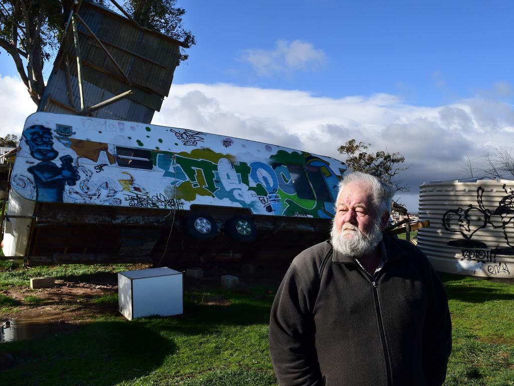 Mark Castine of Gemmells was trapped in his colourful caravan when it was blown over by high winds. Picture: Campbell Brodie