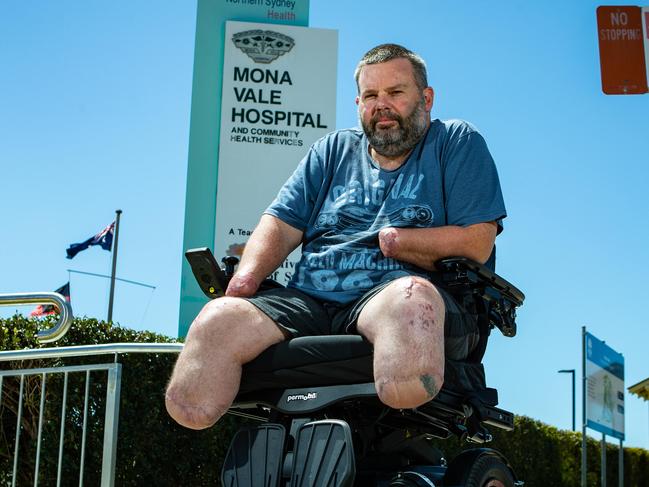 AAP - MANLY DAILYPortraits of Jason Miller taken outside Mona Vale Hospital on 22nd October 2019.Jason lost his hands and feet to sepsis. He was ready to leave hospital two months ago but is stuck in a bureacratic nightmare where authorities say they cannot house him on The Northern Beaches.(AAP Image / Julian Andrews).