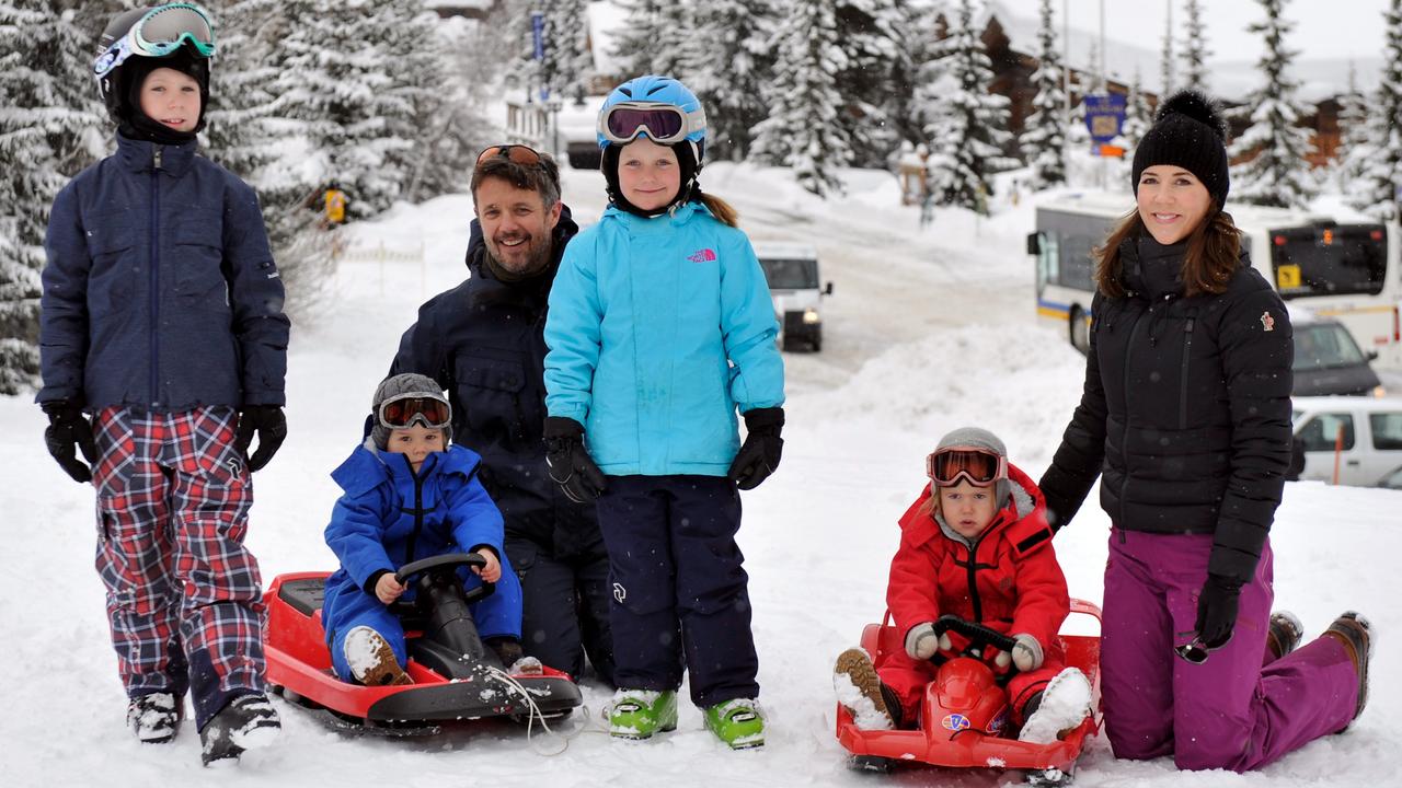 The family pose for a photo whilst on a skiing holiday in Verbier, Switzerland. Picture: Harold Cunningham/Getty Images