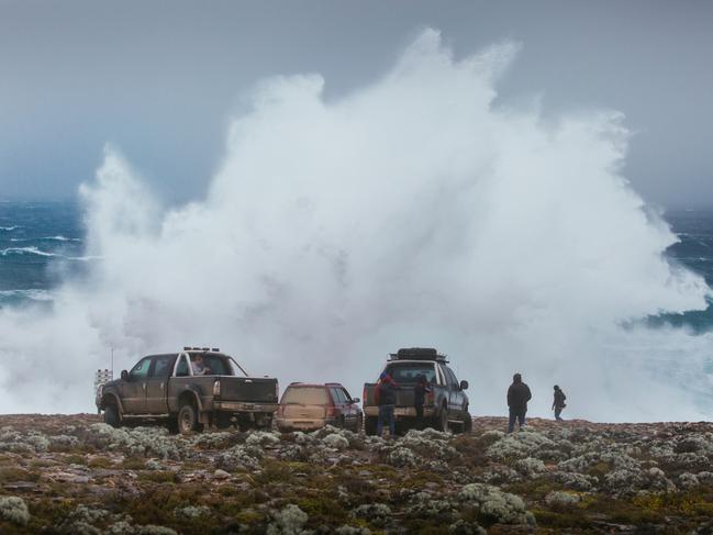 Local abalone divers Philip Penalurick, David Buckland and Daryl Carrison look at 9m swells pounding Cape Carnot, at Whalers Way on the Eyre Peninsula. Picture: Robert Lang