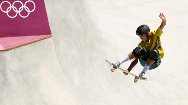 Keegan Palmer flies through the air during his heat. Picture: Getty Images