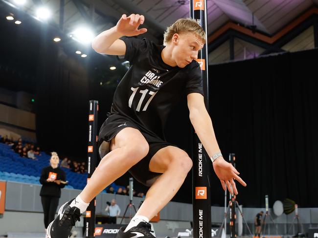 MELBOURNE, AUSTRALIA - OCTOBER 08: Zane Zakostelsky (Claremont) in action during the 2023 AFL National Draft Combine at Margaret Court Arena on October 08, 2023 in Melbourne, Australia. (Photo by Dylan Burns/AFL Photos via Getty Images)