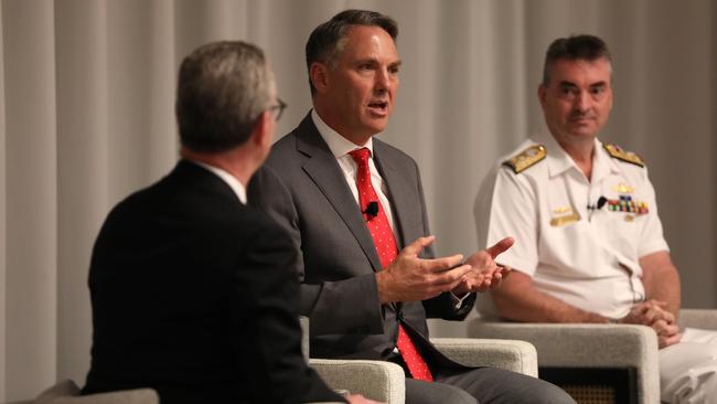 Defence Minister Richard Marles and Chief of the Nuclear-Powered Submarine Taskforce Vice Admiral Jonathan Mead address troops at the Intercontinental Hotel, Sydney CBD. Picture: NCA NewsWire / Damian Shaw