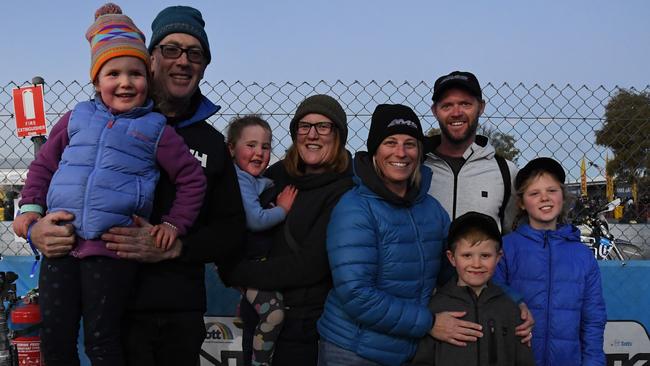 LR: Hadley, Simon, Sarah and Eden Millar with Bri, Al, Levi and Lara Seaton at Desert Finke Race 2022. Picture: (A)manda Parkinson