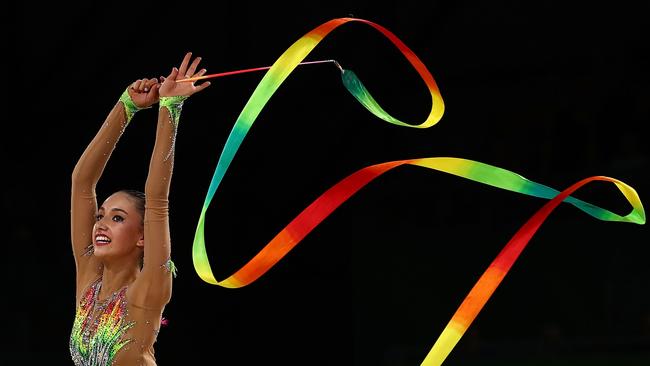 Alexandra Kiroi-Bogatyreva of Australia performs with the ribbon in the Team Final and Individual Qualification during the Rhythmic Gymnastics on day seven of the Gold Coast 2018 Commonwealth Games at the Coomera Indoor Sports Centre on April 11, 2018. (Photo by Scott Barbour/Getty Images)