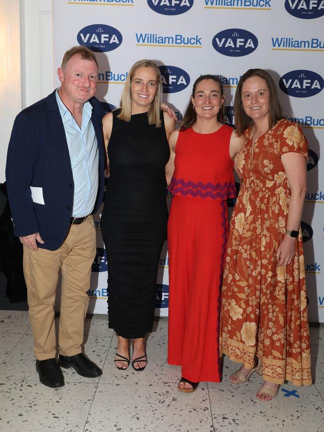 MELBOURNE, AUSTRALIA – OCTOBER 9 2024Andrew Toop, Renee Griffin, Johannah Griffin and Sam Greene at the VAFA Awards Night at the San Remo Ballroom in Carlton on October 9, 2024Picture: Brendan Beckett