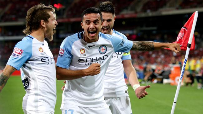 Tim Cahill celebrates scoring the match-winning goal. Picture: Gregg Porteous