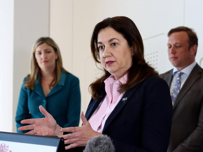 Queensland Premier Annastacia Palaszczuk, Deputy Premier Steven Miles, Health Minister Yvette D'Arth and Attorney General Shannon Fentiman at the announcement of Assisted Dying legislation will be going to Parliament for debate and voting on Brisbane Tuesday 18th May 2021 Picture David Clark