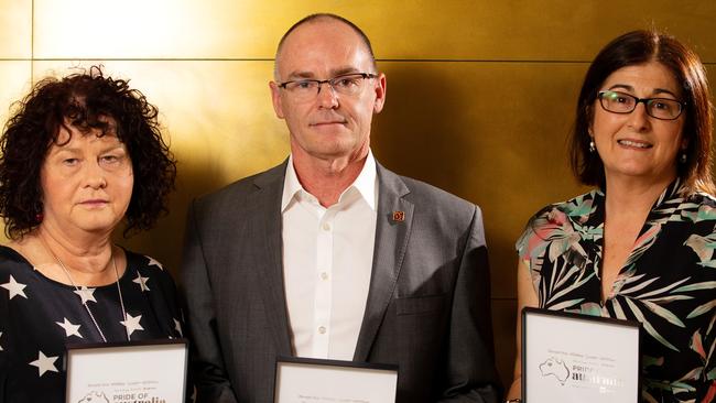 Pride of Australia winners morning tea with Penny Fowler. Robyn and Matt Cronin, Caterina Politi. Picture: Mark Stewart