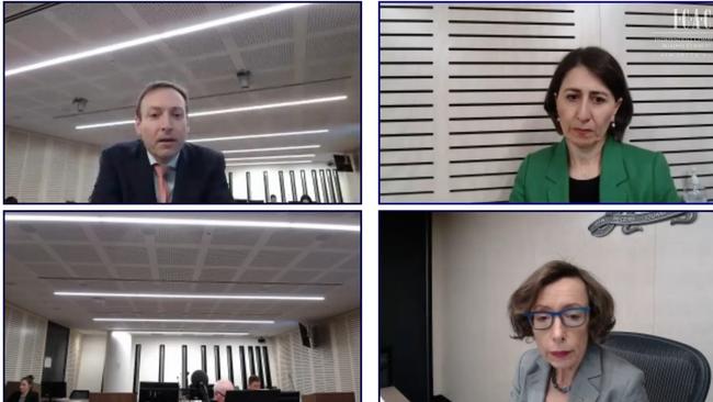 ICAC inquiry, Gladys Berejiklian, top right, judge Ruth McColl SC presides bottom right, counsel assisting the commission, Scott Robertson top left. Picture; ICAC.