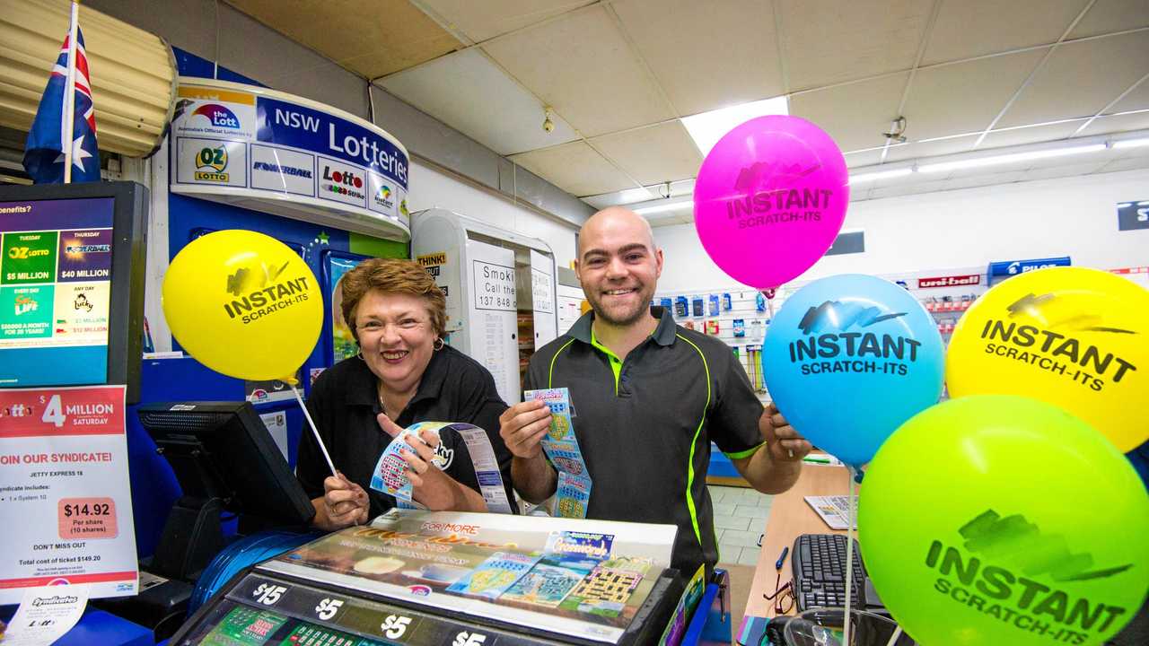 Narelle Hayes and Nathan Eames from Jetty Harbour Newsagency. where a $25,000 scratchie was sold . 24 MAY 2018. Picture: Trevor Veale