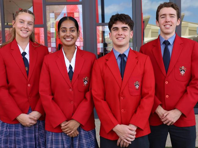 Shalom Catholic College 2025 School Captains Joann and Landa in the middle; Vice Captains Ava and George on the outside. Image credit: Shalom Catholic College.