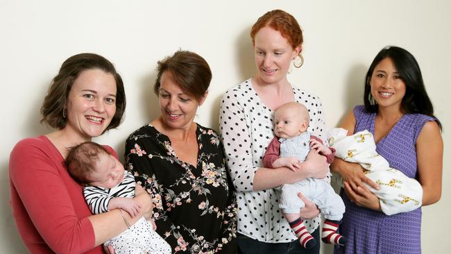 (from left) Laura Smith-Khan and son Adam, clinical midwifery specialist Jane Grant, Rebecca Shoesmith and son Rupert and Lauren English and daughter Zara. Picture: Adam Ward