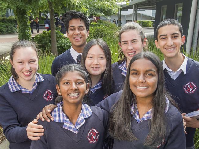 Amy Basham ,Faith Lee, Yathavan Thaveesan , Amritha Ramachandran , Kasey Wooliey , Lashuana Lawrence andArshia Abouzia..Glen Waverley Secondary among the best performing schools in NAPLAN over a five year analysis by School HubPicture:Rob Leeson.