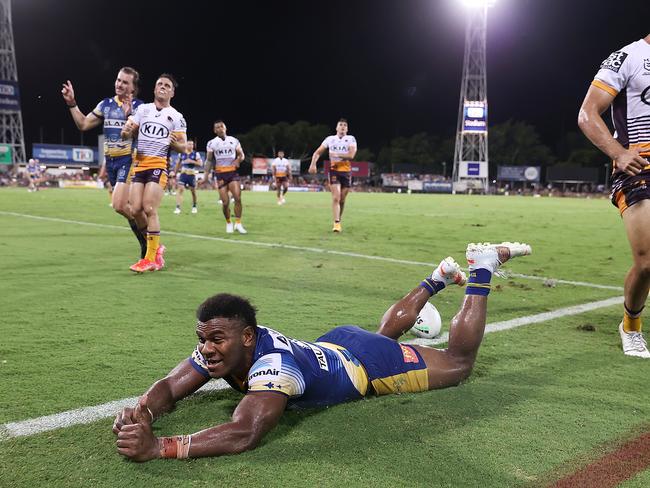 Maika Sivo of the Eels scores scored three tries on the night. Picture: Mark Kolbe/Getty Images