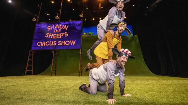 Bring the whole flock … performers (from top) Skip Walker-Milne, Jon Bonaventura and Nathan Boyle from Shaun the Sheep’s Circus Show. Picture: Glenn Hunt