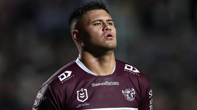 SYDNEY, AUSTRALIA - JUNE 09: Josh Schuster of the Sea Eagles reacts during the round 15 NRL match between Manly Sea Eagles and Dolphins at 4 Pines Park on June 09, 2023 in Sydney, Australia. (Photo by Jason McCawley/Getty Images)