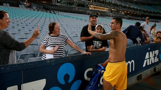 Socceroos great Tim Cahill signed autographs for two hours after his final match for his country. Picture: Toby Zerna