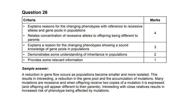 An example of a HSC Biology marking rubric. PIcture: NSW Education Standards Authority